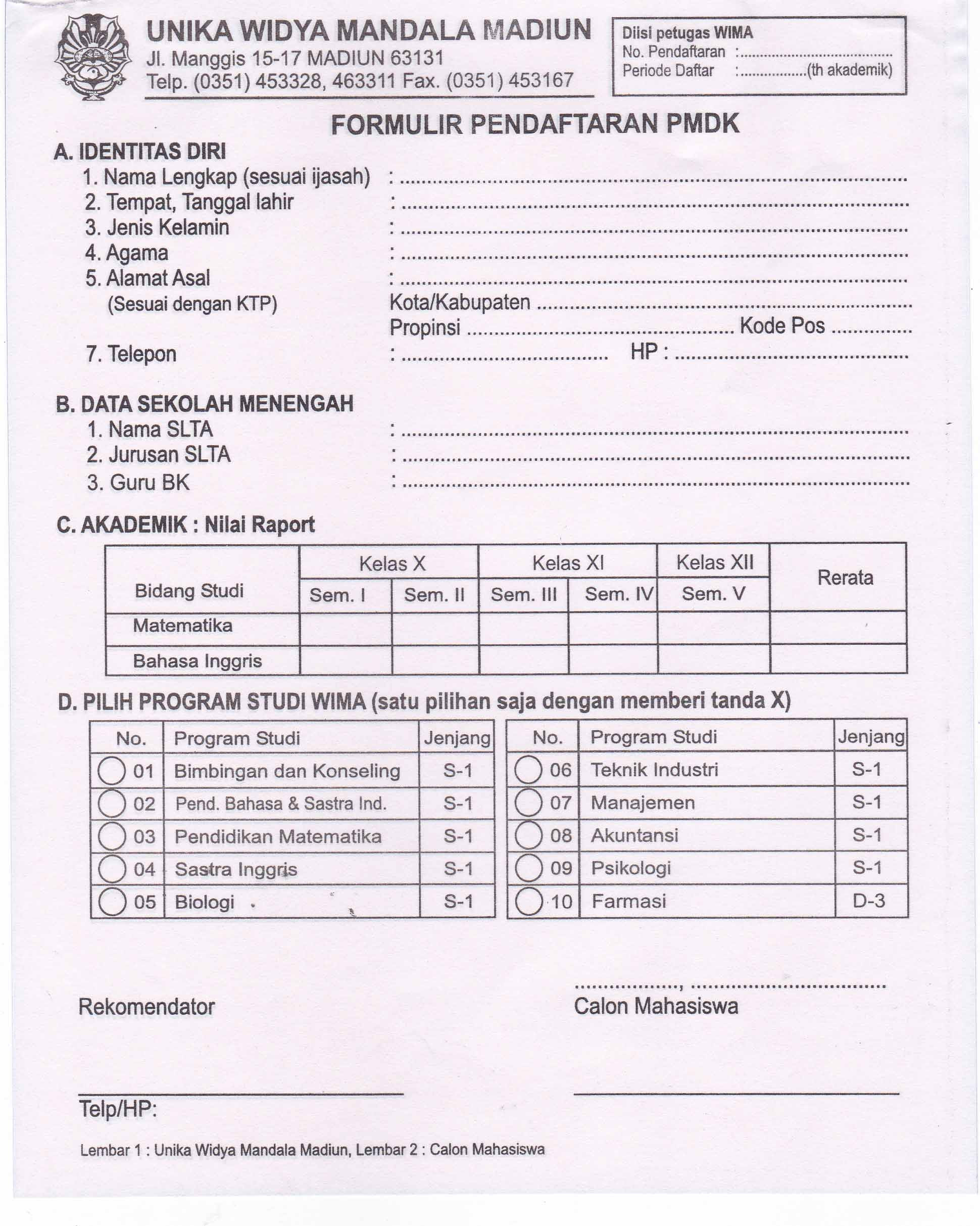 Contoh Formulir Pendaftaran Osis