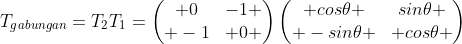 T_{gabungan}=T_{2}T_{1}=\begin{pmatrix} 0&-1 \\ -1& 0 \end{pmatrix}\begin{pmatrix} cos\theta &sin\theta \\ -sin\theta & cos\theta \end{pmatrix}