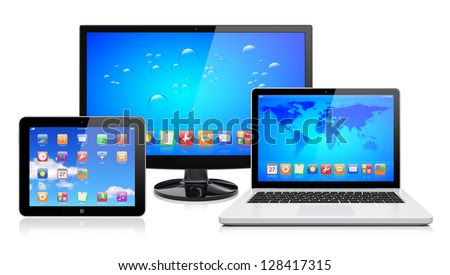 Computer monitor, laptop and tablet pc with a blue background and colorful apps on a screen. Isolated on a white. 3d image - stock photo Computer monitor, laptop and tablet pc with a blue background and colorful apps on a screen. Isolated on a white. 3d image - stock photo