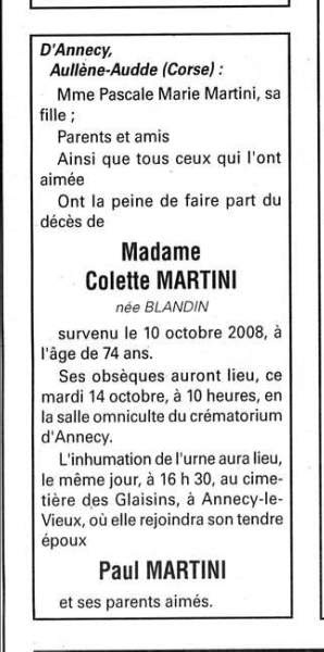 Décès Martini Blandin Colette