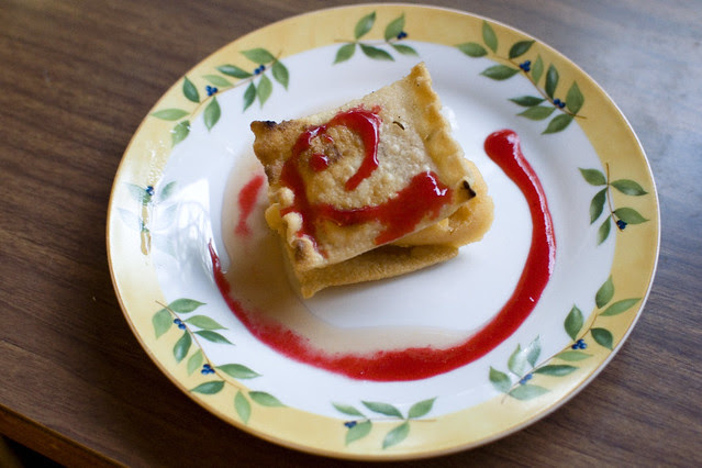 peach, raspberry, and brown rice