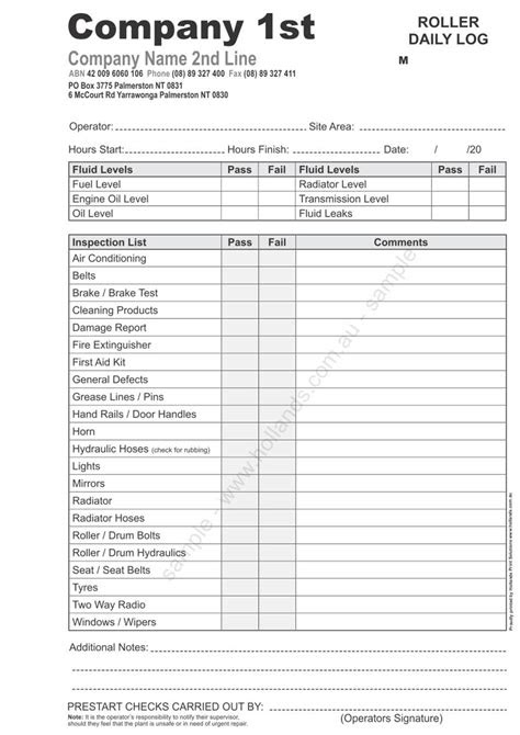 Roller Daily Log Book