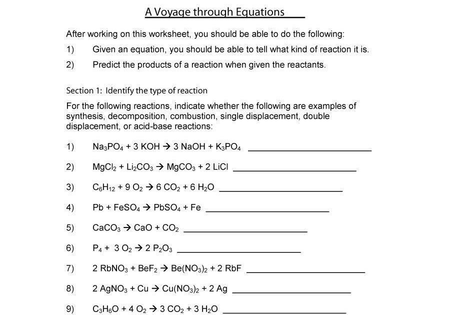 Reaction Products Worksheet Answers - worksheet