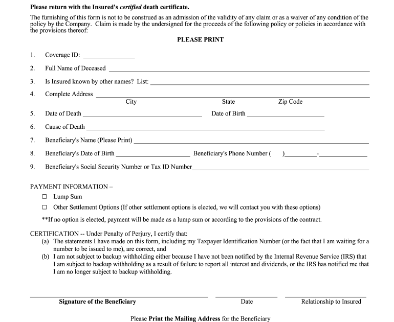 Columbian Mutual Life Insurance Company Death Claim Forms