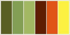 http://www.pinterest.com/pin/58828338857184236/ Color Scheme with #595F23 #829F53 #A2B964 #5F1E02 #E15417 #FCF141