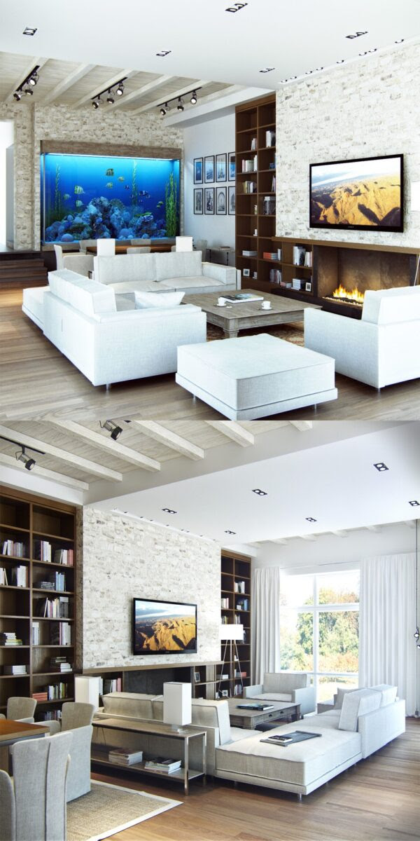 The stone walls in this living room, coupled with the exposed rafters, have the feel of an East Coast Retreat.
