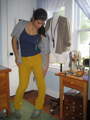 Mustard Cords, Navy Top, Grey Bubble Cardigan, Turquoise Sandals