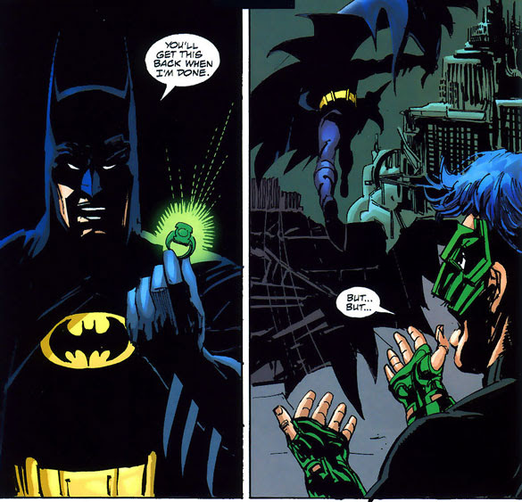 Batman's soaring over Gotham City in a green cloud, going WHEEEEEEEEEEEEE!...