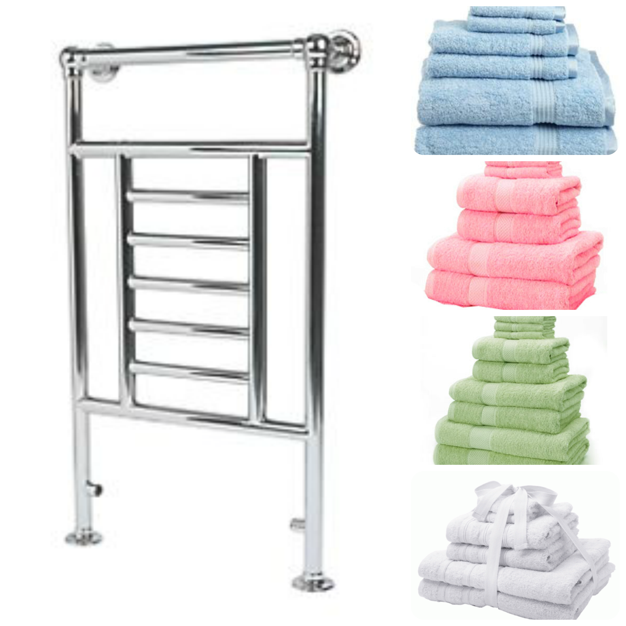 heated towel rail and towel bundles in blue, pink, green and white