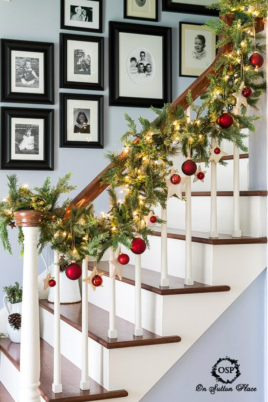 DIY Christmas Stairway Garland with white lights, stars and red balls @On Sutton Place
