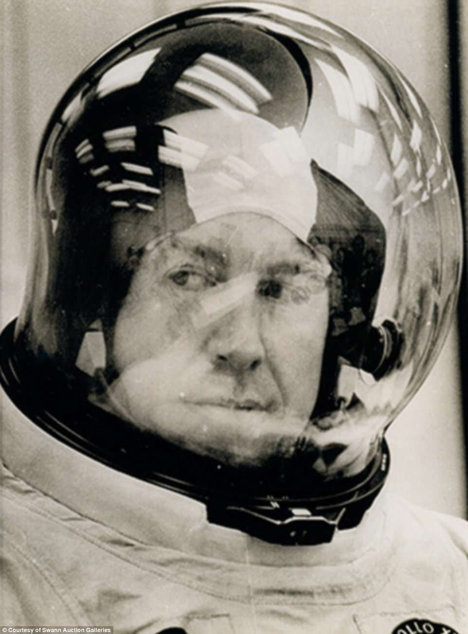 Pictured is a close-up of flight commander Jim Lovell prior to Apollo 13's launch.  The mission is famous for the line 'Houston, we have had a problem here', which is often misquoted as 'Houston, we have a problem'