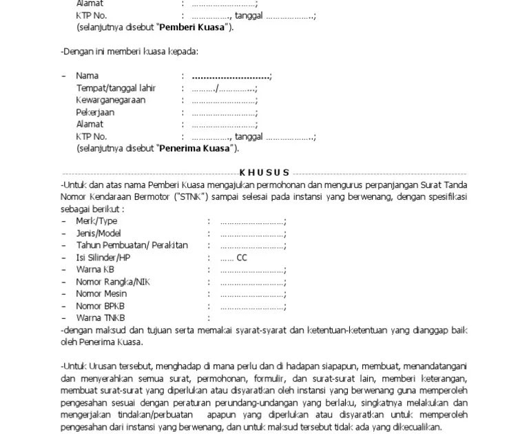 Surat Kuasa Kepemilikan Kendaraan Bermotor - Contoh Surat ...