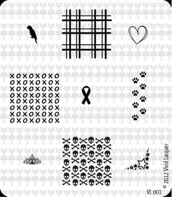 VL-001 Nail Art Stamping Plate - Skulls, plaid, parrot, ribbon, xoxo, stars, tiara, paw prints, heart
