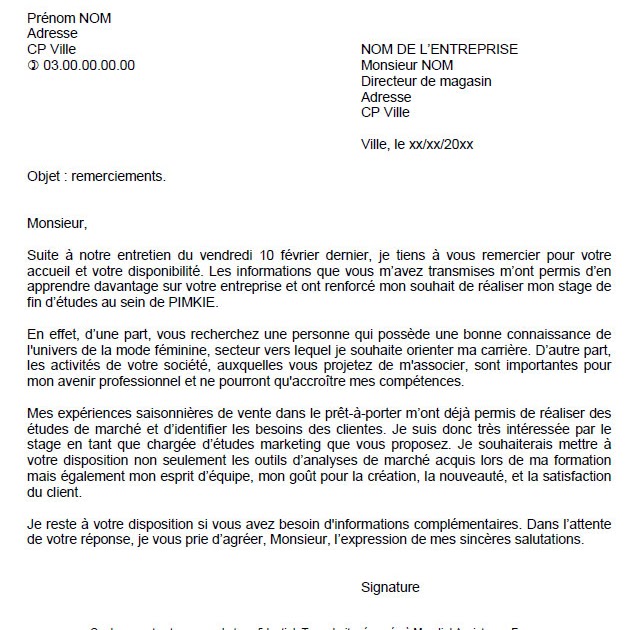 Exemple De Lettre De Remerciement Après Un Entretien Dembauche  Le