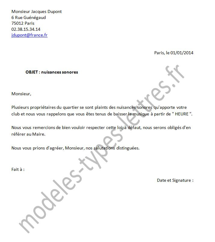 Modele De Lettre De Plainte Contre Un Voisin  Exemple de Lettre