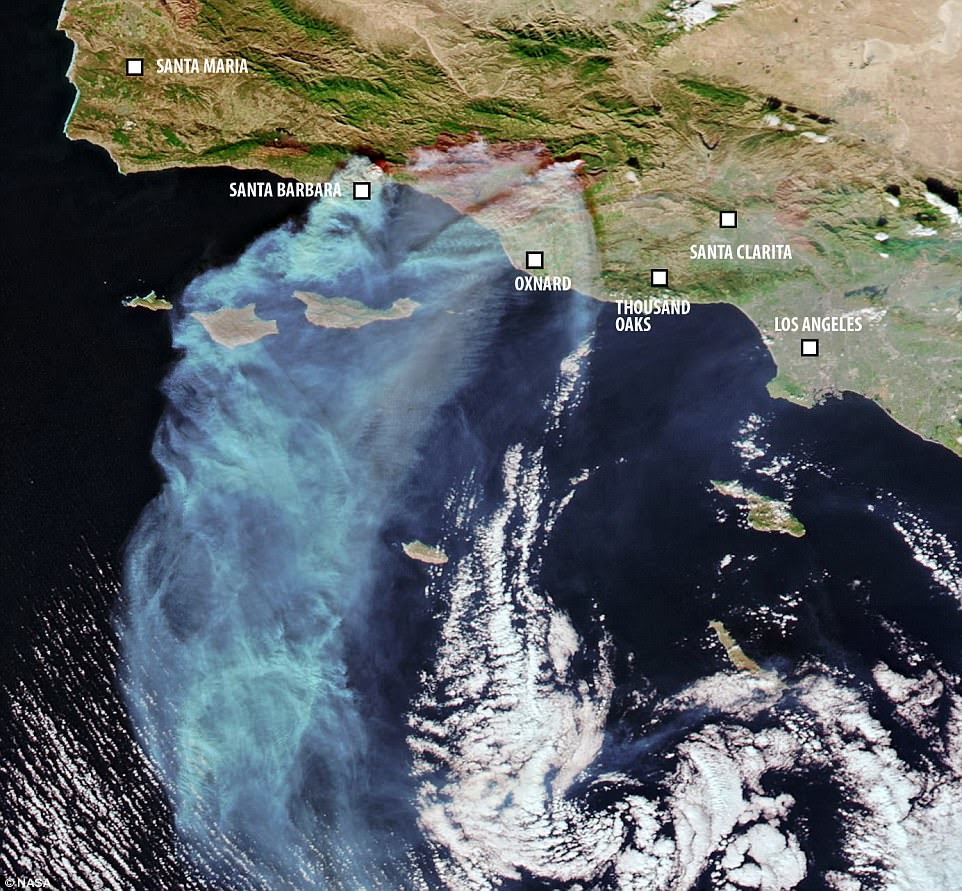 The true devastation of California's historic wildfires has been laid bare in photos, maps, and satellite images showing how 422 square miles of land have been completely destroyed. The smoke plume over the Pacific Ocean is pictured above in a satellite image from NASA, where the red spots show where the fire is burning