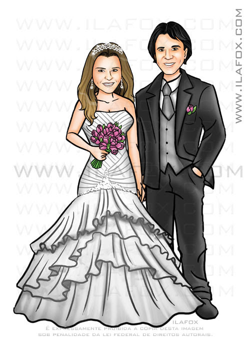 caricatura casal, noivos, corpo inteiro, colorido, caricatura proporcional by ila fox