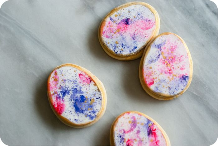 watercolor gold-speckled easter egg decorated cookies 