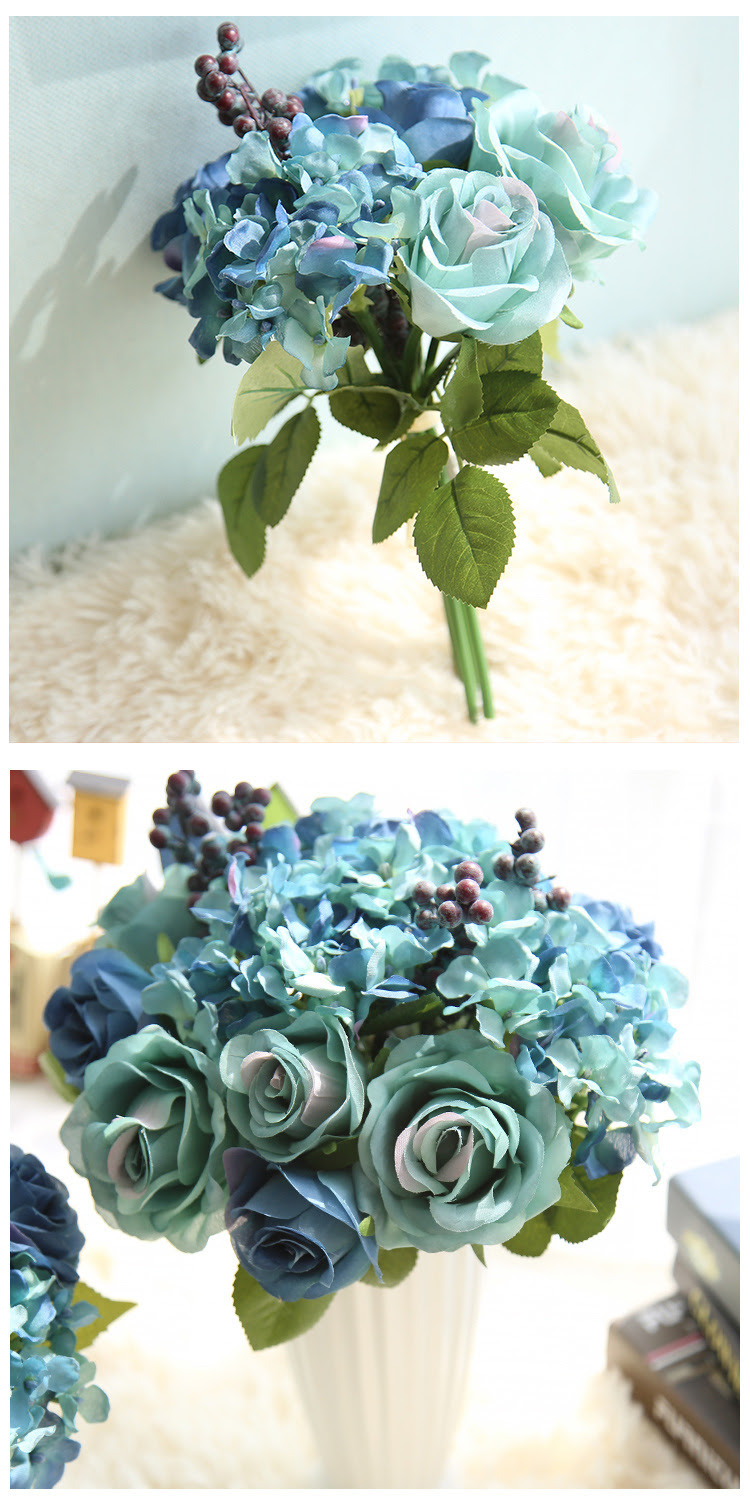 1 Bunch 6pcs Artificial Flowers Blue Rose Silk Flower Bouquet For Home Decoration Hydrangea Fake