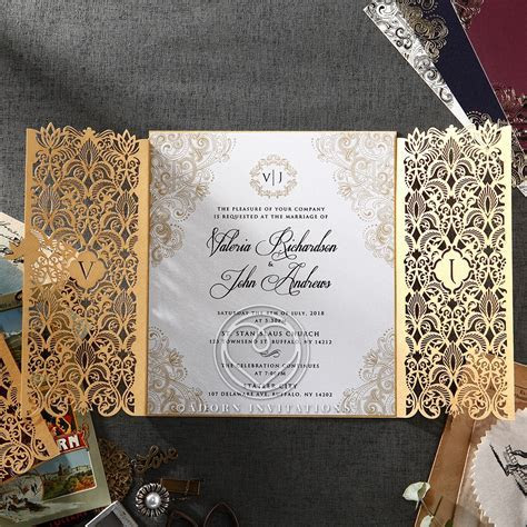 Gold Foil and Ivory Gatefold Wedding Invitation, Laser Cut Gold Foil and Ivory Gatefold Wedding Invitation, Laser Cut