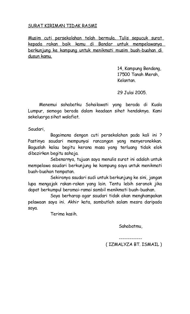 Contoh Karangan Surat Tidak Rasmi Format Pt3 - Rasmi X