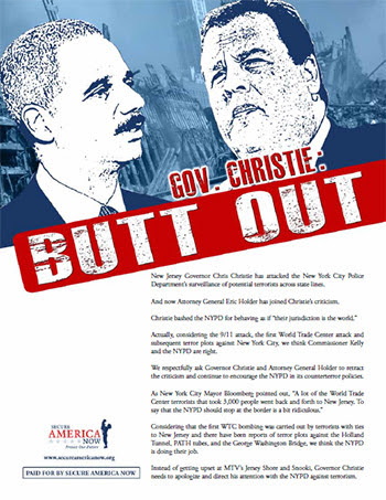 "Secure America Now" ad in New Jersey Journal, protesting Gov. Christie's interference with NY Police counterterrorism efforts.
