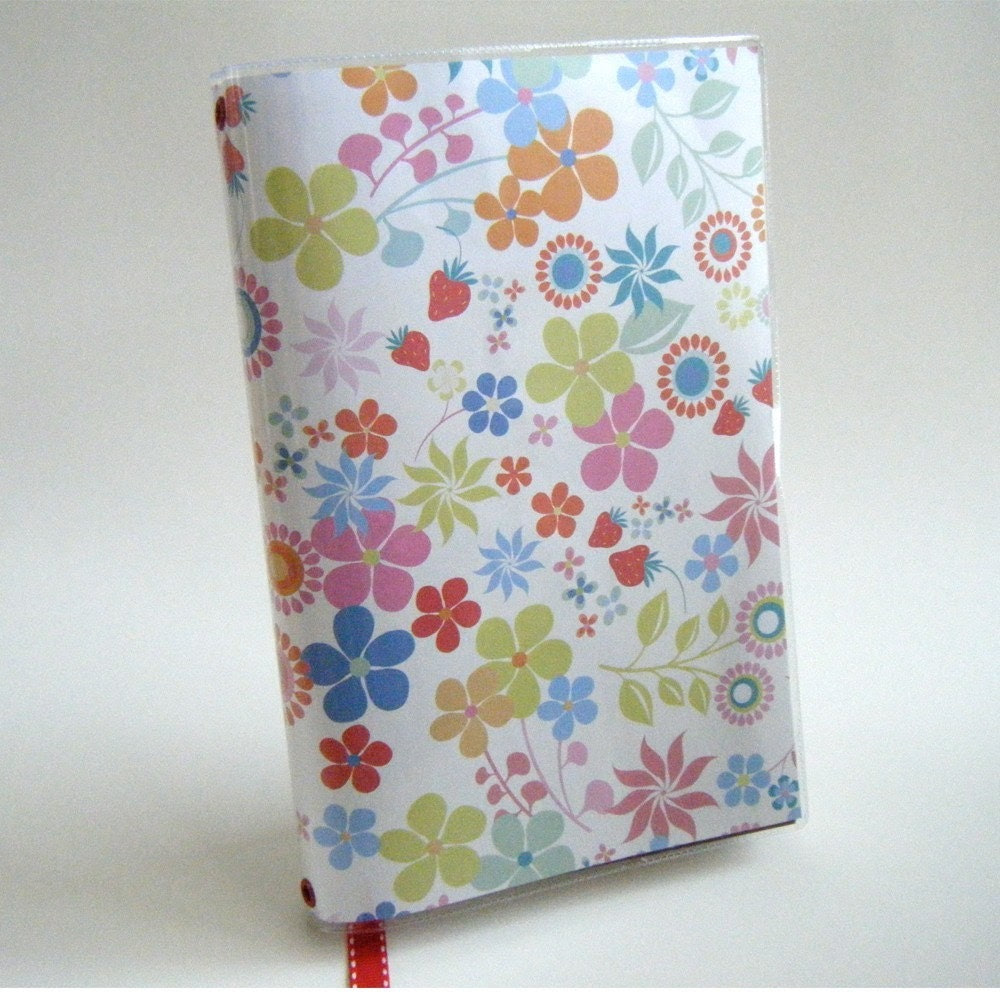 Strawberry and Floral Book Cover with Ribbon Bookmark - LARGE Trade Paperback Size