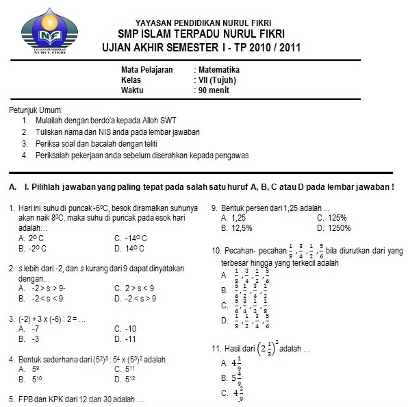 Kumpulan Soal UAS Matematika SMP Kelas 7 Semester 1