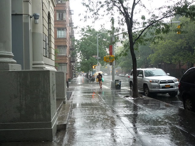 An outlying band of rain from Hurricane Irene arrives on Hudson Street, West Village