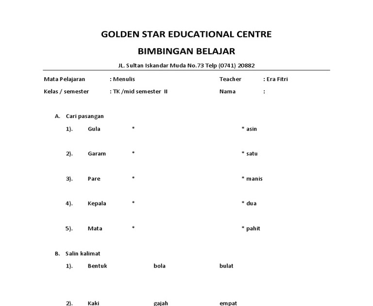 Soal Ujian Tk B Semester 2 panji