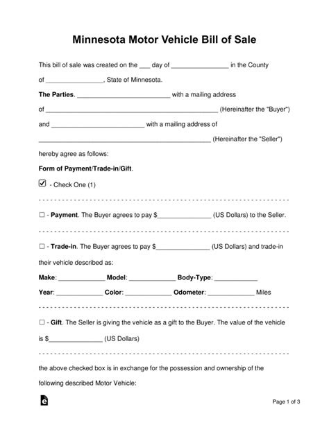 Motor Vehicle Bill Of Sale Template Pdf - PDF Template