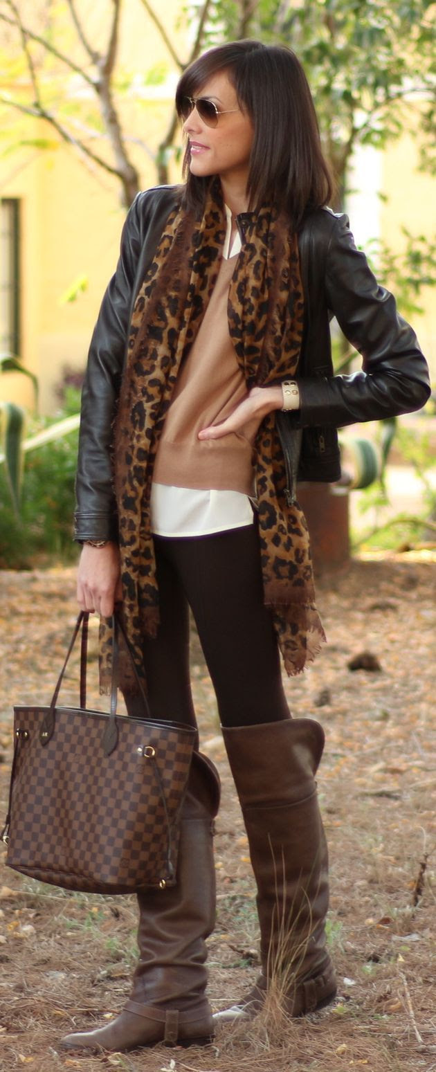 Riding style leggings, leopard print scarf, mini black leather jacket, tall brown boots. Obsessed with this look