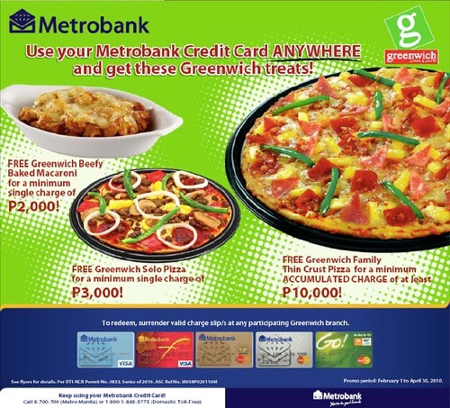 Greenwich pasta and pizza freebies from Metrobank Credit Card