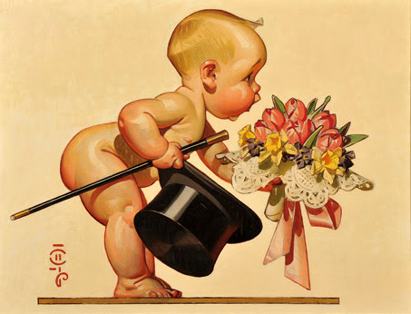 Baby Holding A Top Hat And A Bouquet Of Flowers Baby Holding A Top Hat And A Bouquet Of Flowers