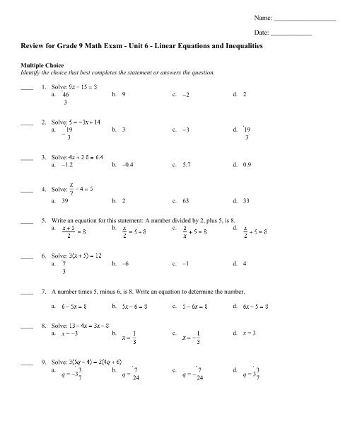 Algebra Unit 5 Test Answer Key / Unit 6 Coordinate Algebra