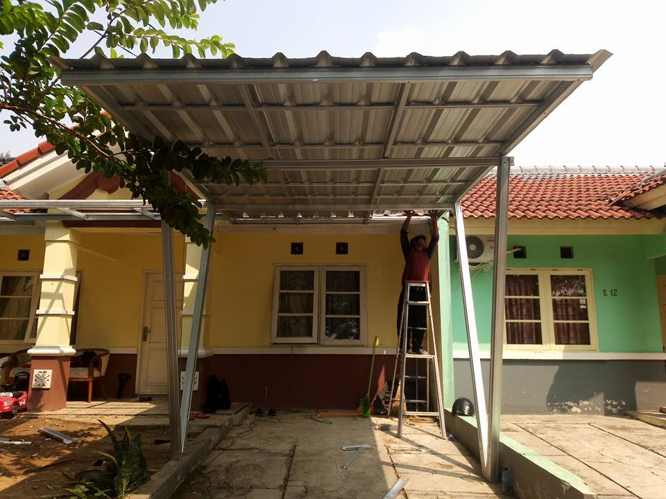 Kanopi baja ringan keren model tiang V atap spandeck Kanopi baja ringan keren model tiang V atap spandeck