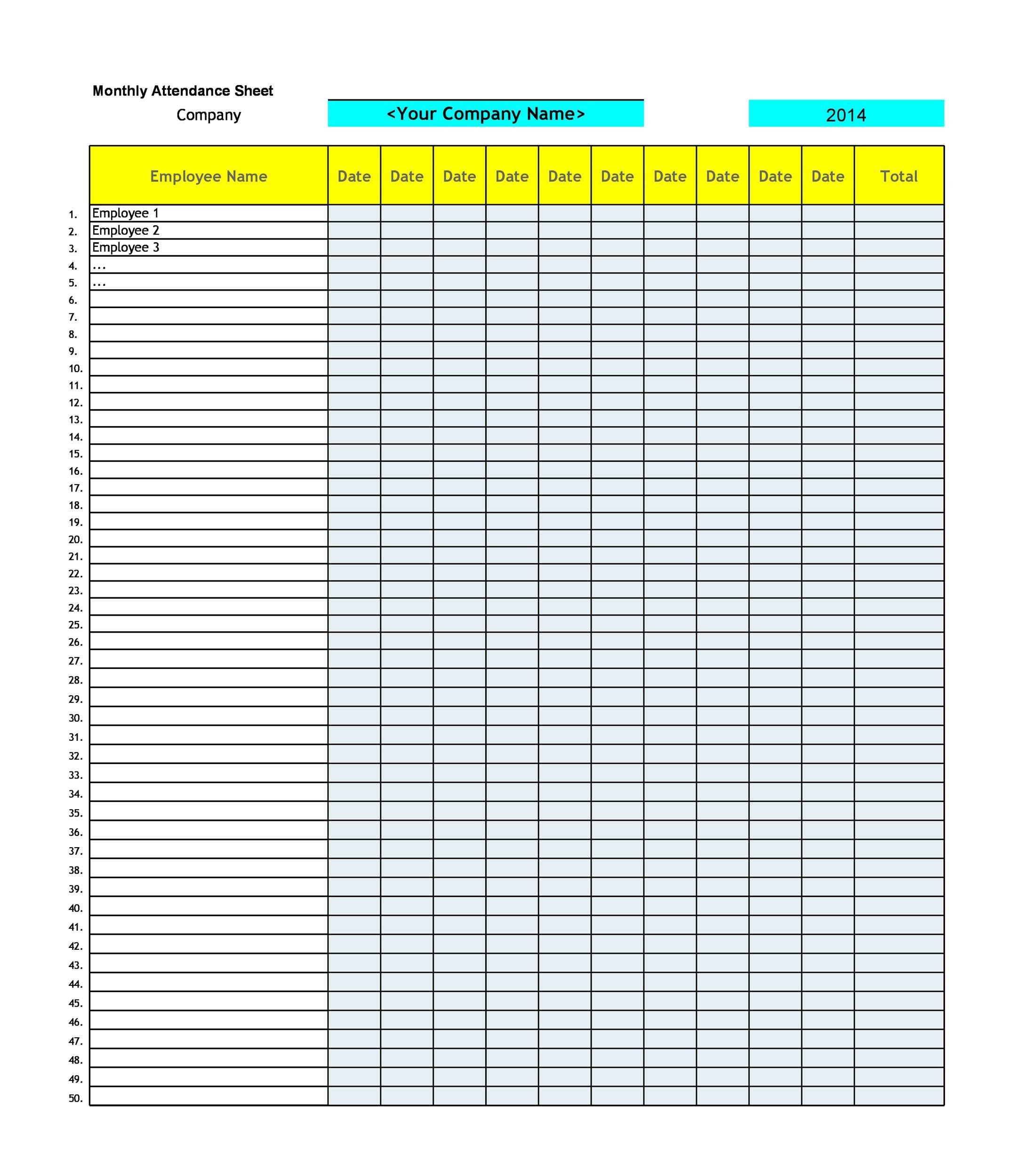 Monthly Attendance Sheet Template Excel For Employee Hq Printable