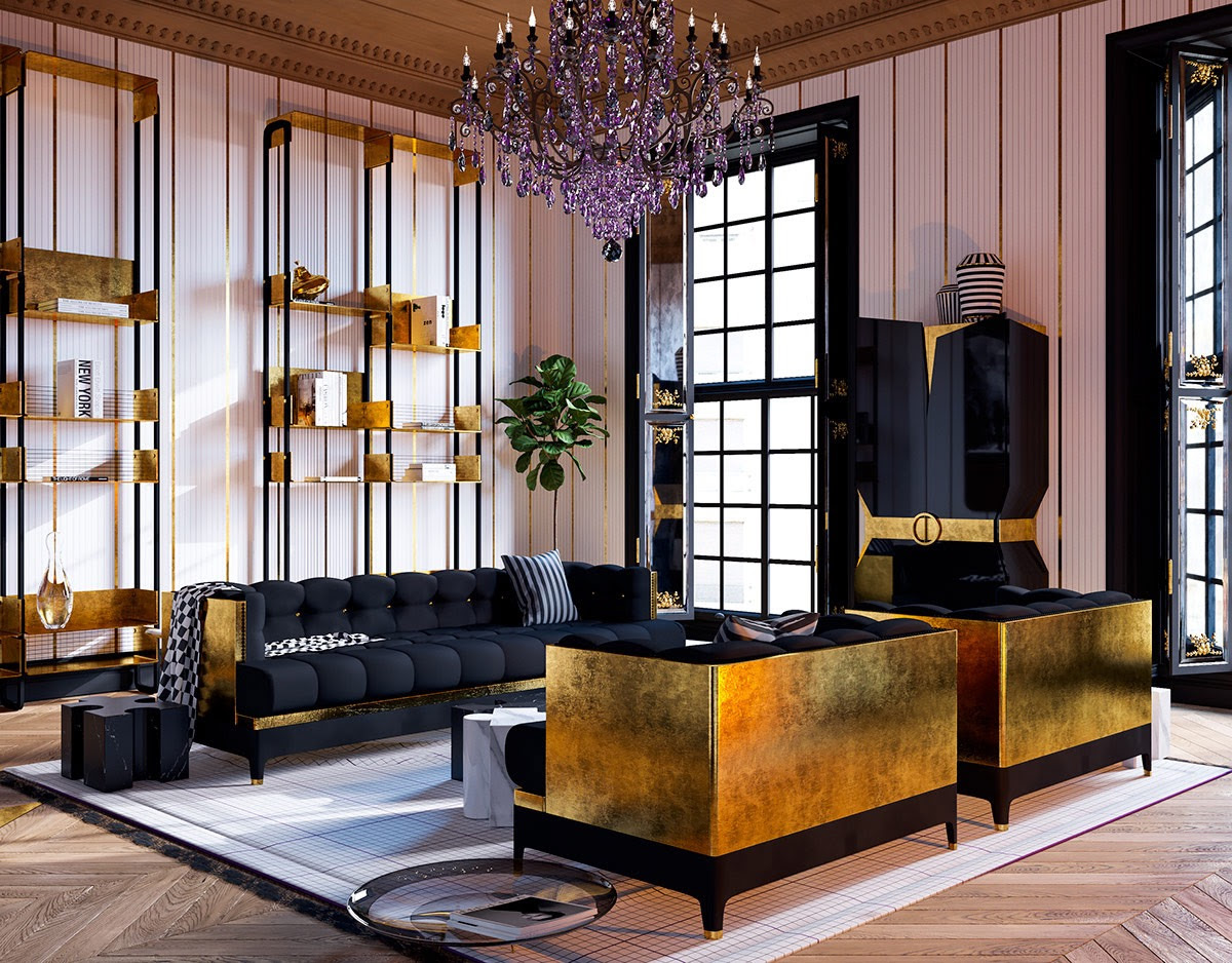 blush navy gold living room