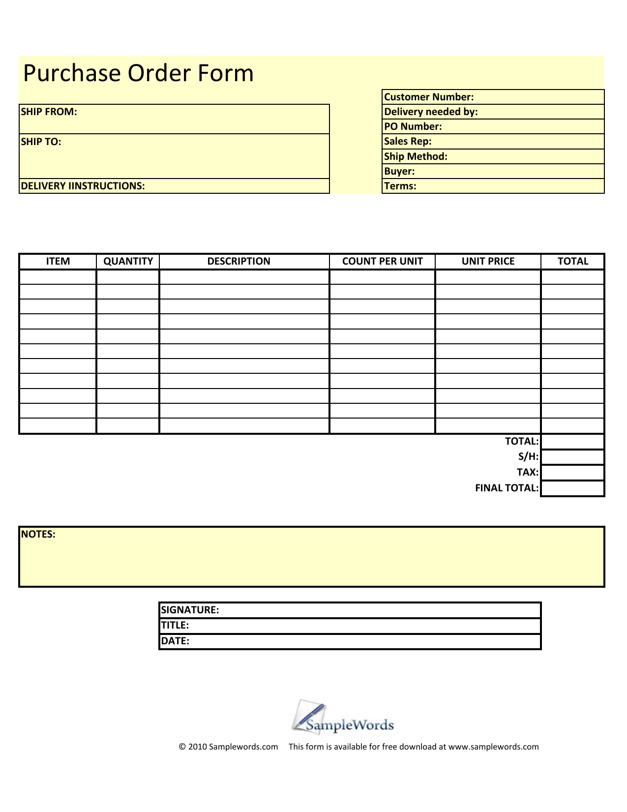 Generic Work Order Form Printable Download Blank Purchase Order Form 