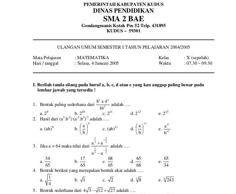 Contoh Soal Soal Uas Mtk Kelas 12 Semester Ganjil