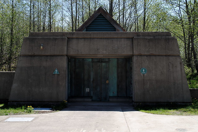 a creepy "jurassic-parky" Mt. St. Helens restroom