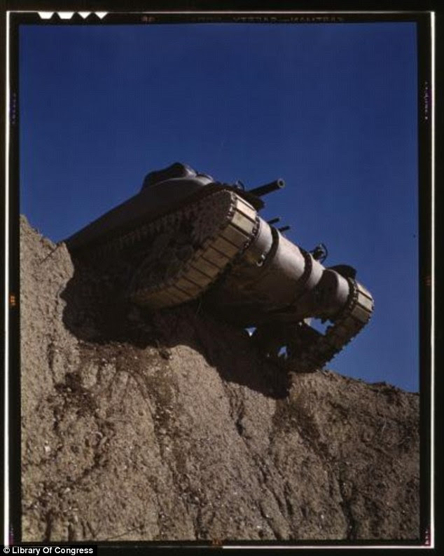 Over the edge: An M-4 tank is pictured at Fort Knox in Kentucky (Alfred Palmer, June 1942)