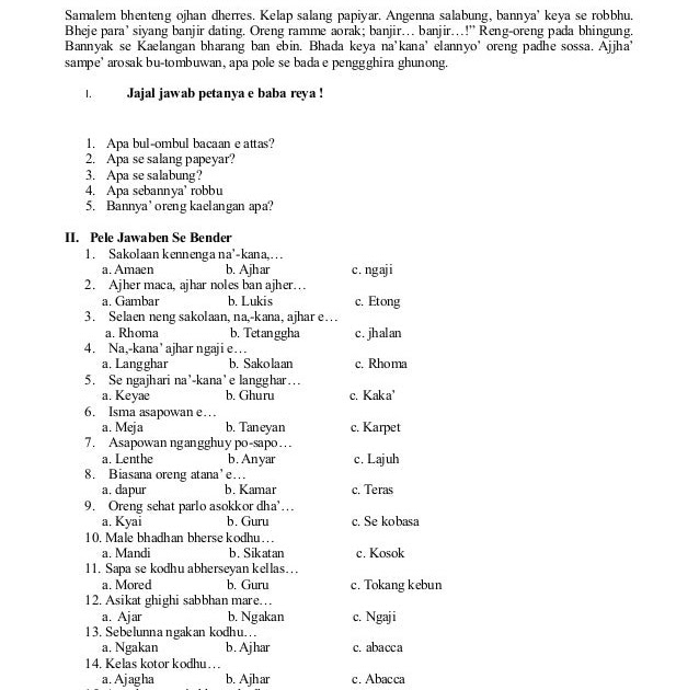Soal Uts Bahasa Madura Kelas 4 Dan 5 - Bangku Sekolah