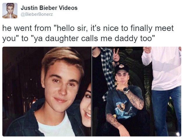 Tweet from @BieberBonerz: 'he went from ''hello sir, it's nice to finally meet you'' to ''your daughter calls me daddy too''.' On the lower left is a picture of a young, fresh-faced Justin Bieber smiling. On the lower right is a picture of Bieber as a young man with tattooed arms, crouching down and striking a pose.