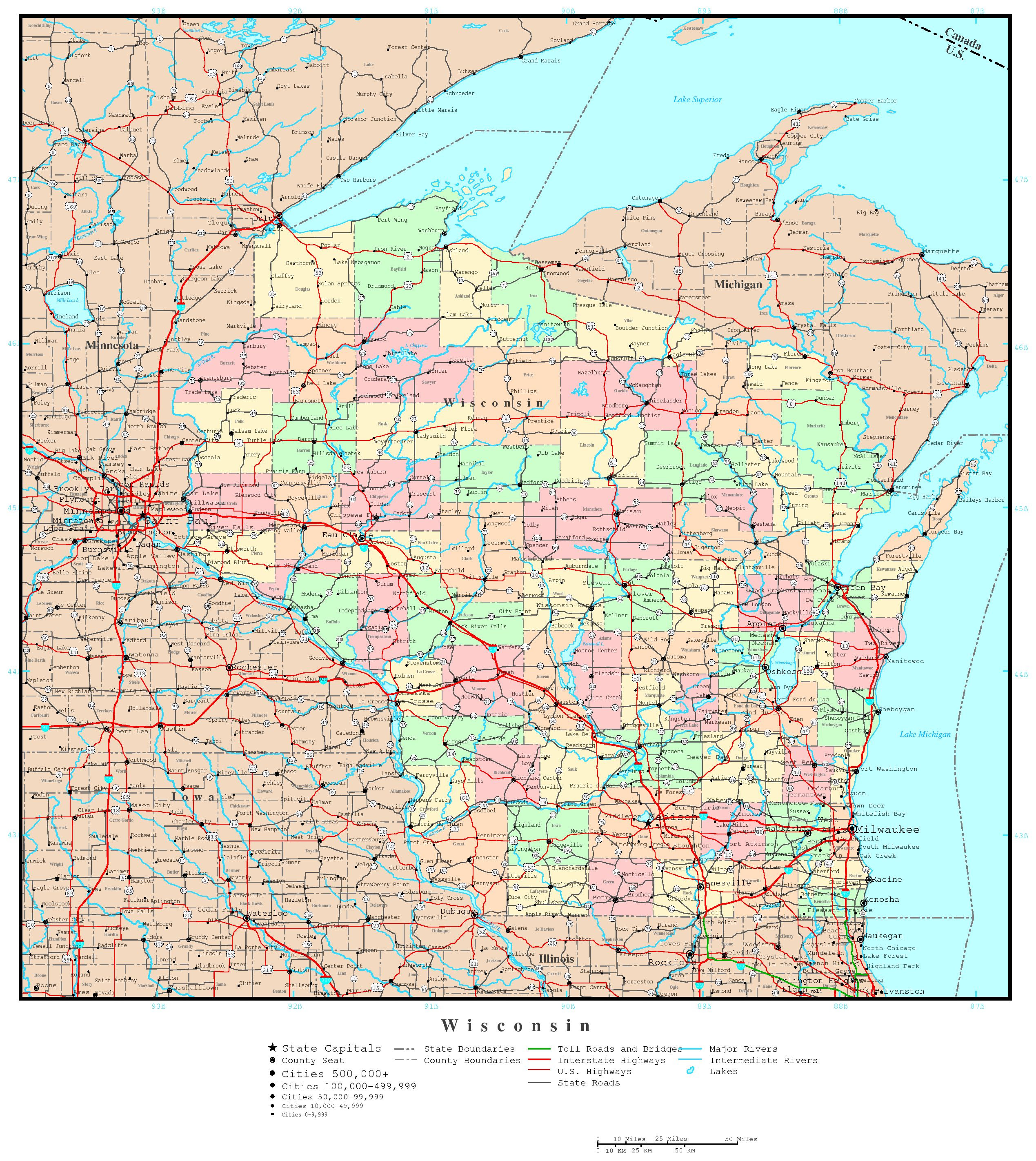 Detailed Wisconsin Road Map