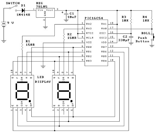 PIC16C54 dual dice electronic project circuit | microcontroller Projects