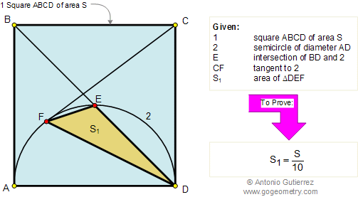 Problema de Geometría 112 en Español (ESL): Cuadrado, Diagonal, Semicircunferencia, Tangente, Triangulo, Área.
