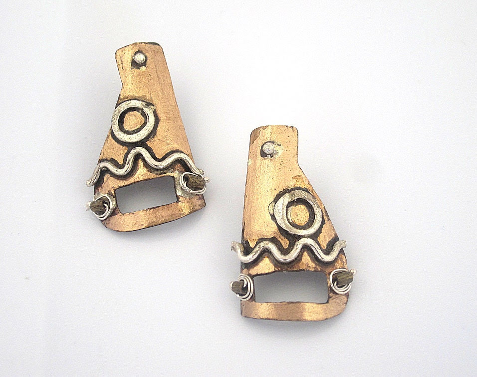 Unusual Stud Earrings -  Ancient Jewelry -  Bronze and Sterling Silver - serpilguneysudesigns