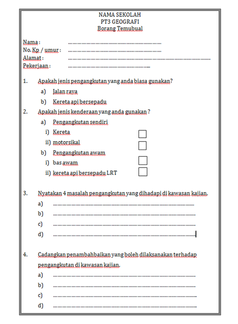 Contoh Borang Soal Selidik Geografi Telekomunikasi