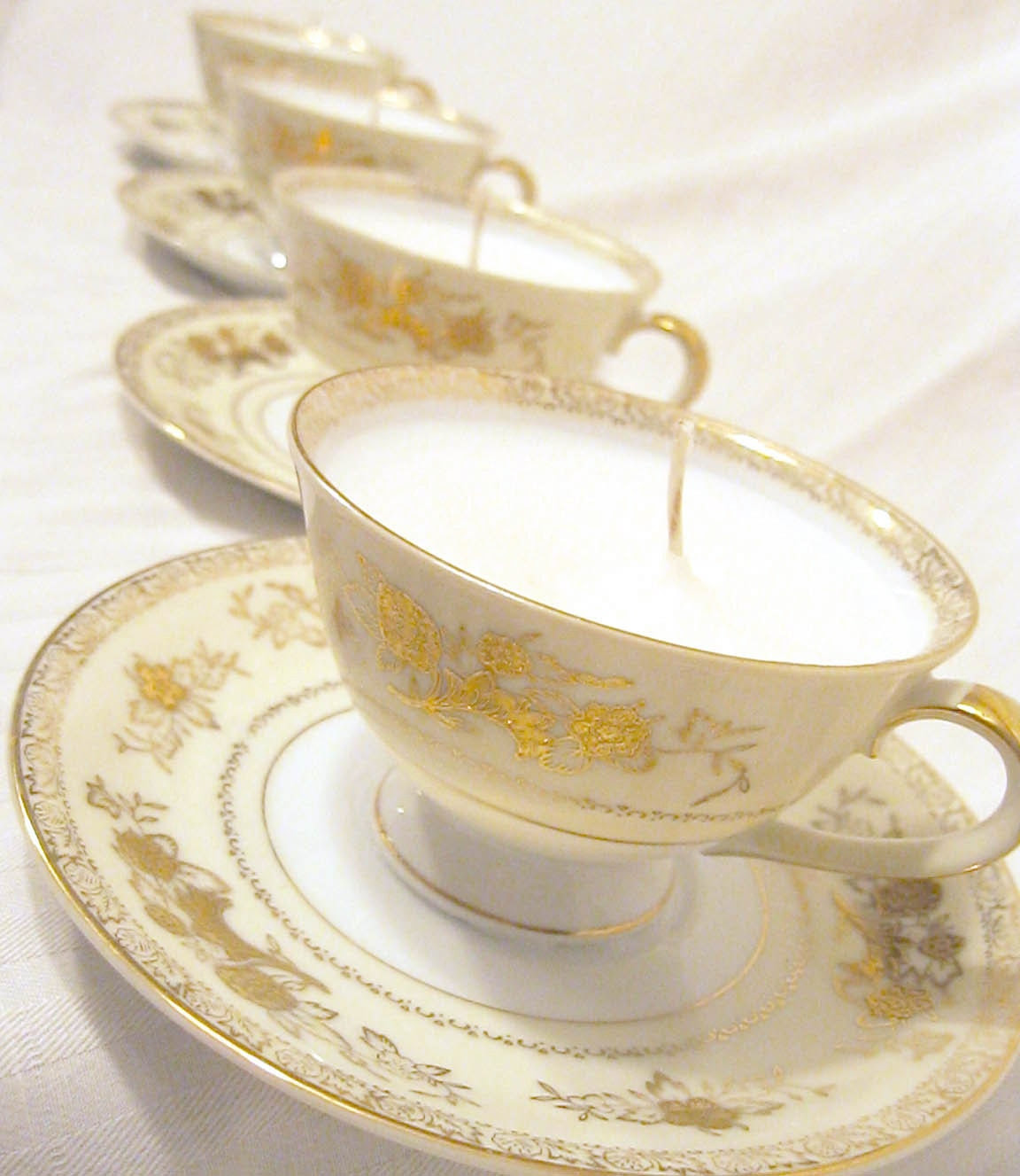 Upcycled Vintage Fine China Tea Cup Candle with Gold and White --Unscented - RestlessExpress